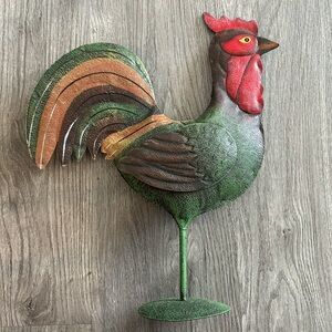 Medium Antique Metal Rooster Home or Garden Sculpture - Green & Red
